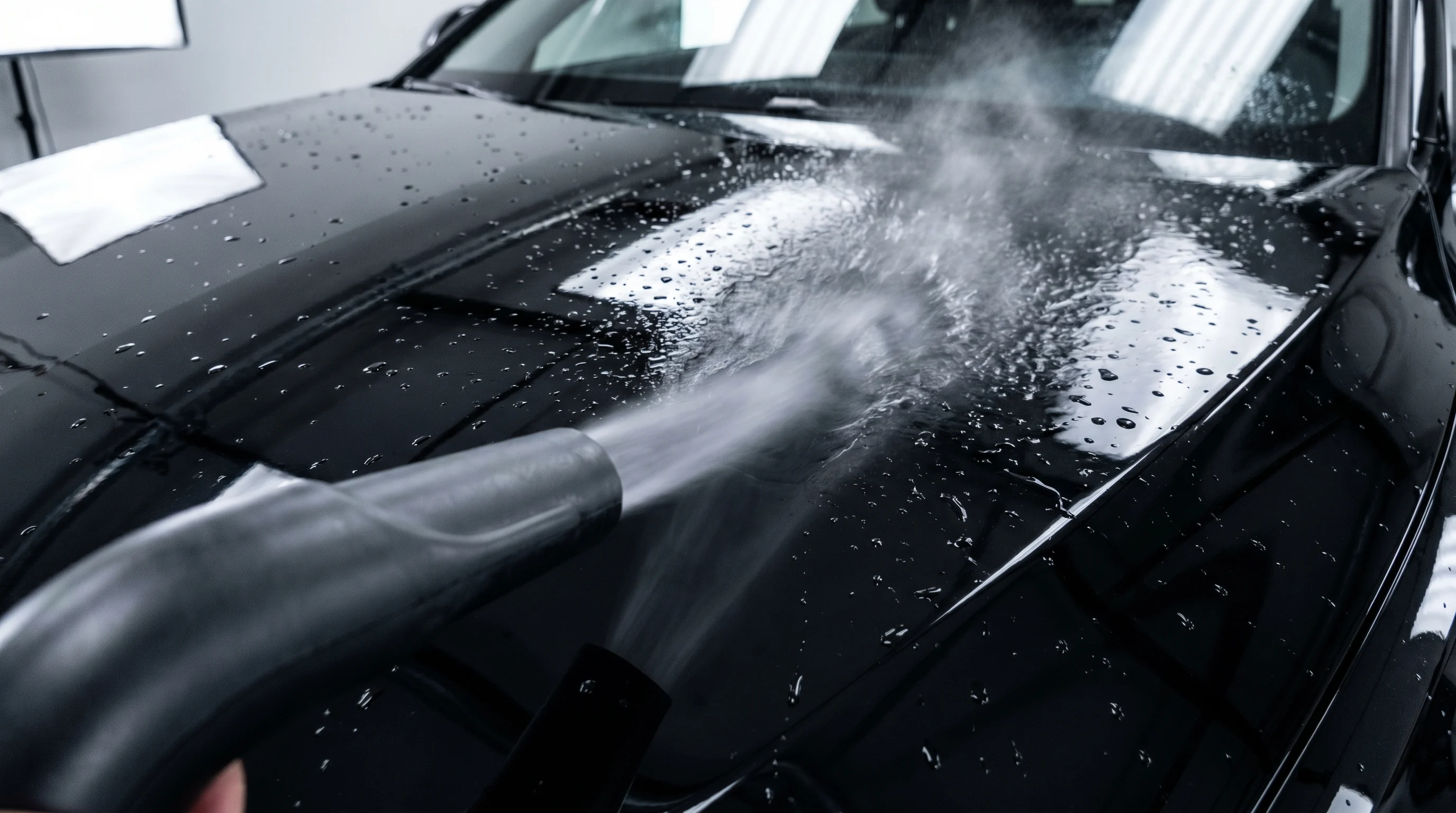 Osuszanie lakieru samochodu dmuchawą car dryer po umyciu, widoczny strumień powietrza zdmuchujący krople wody