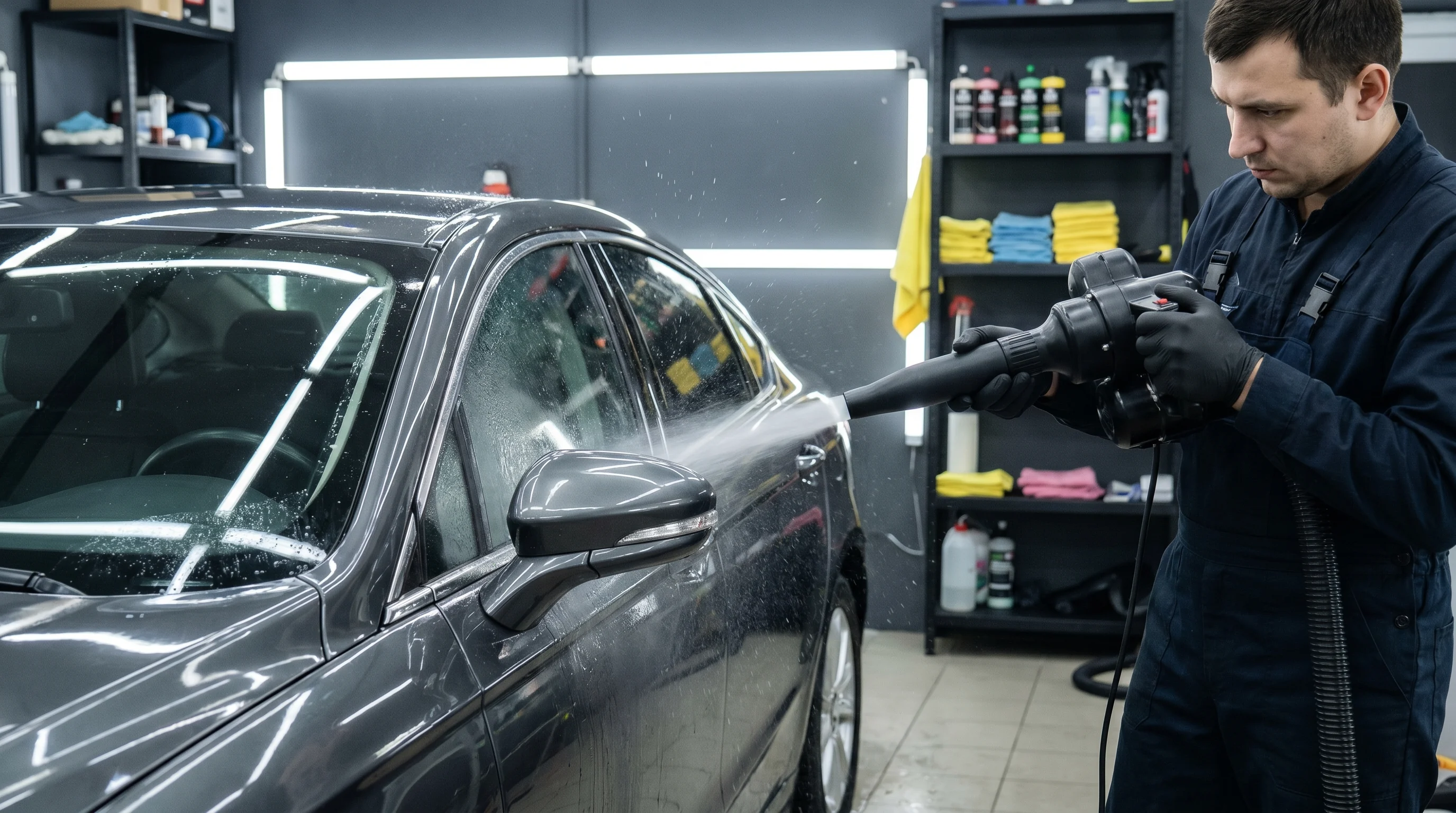Detailer trzymający końcówkę węża dmuchawy car dryer i osuszający lusterko boczne samochodu