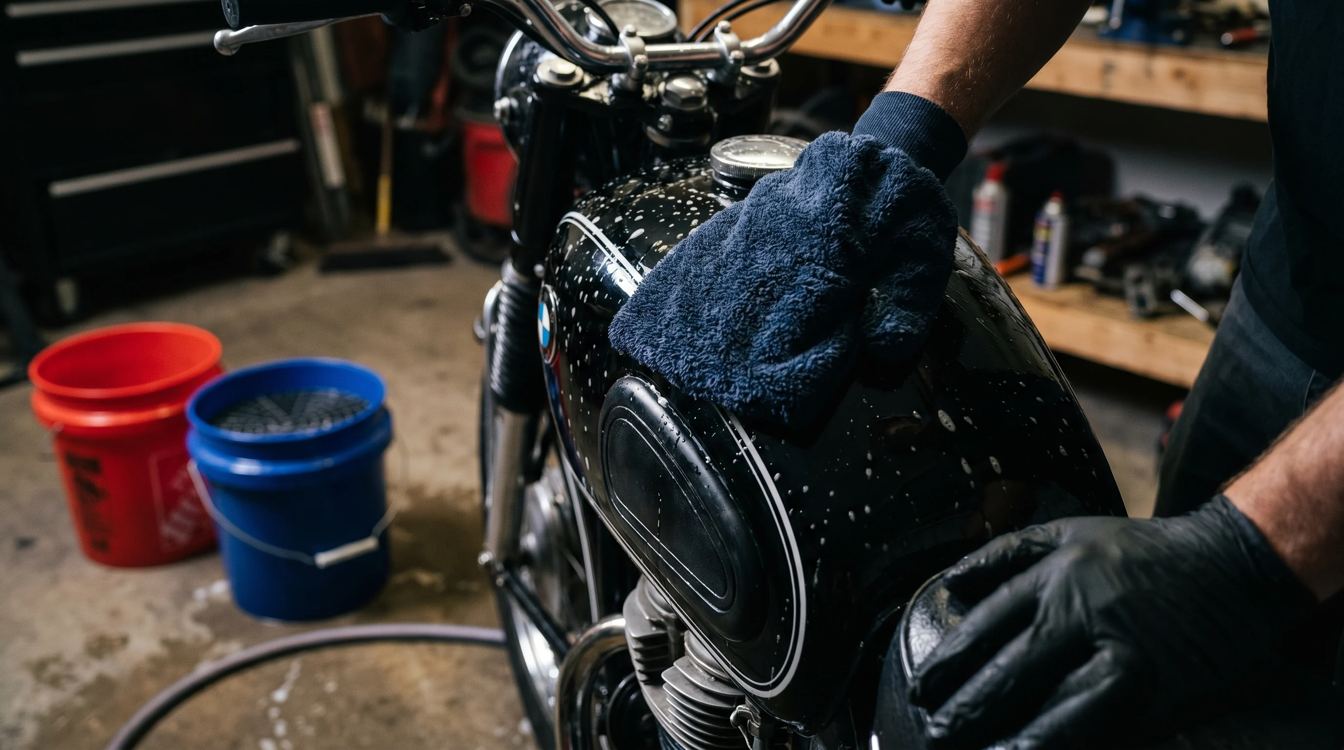 Mycie baku motocykla rękawicą z mikrofibry metodą dwóch wiader w zacienionym garażu