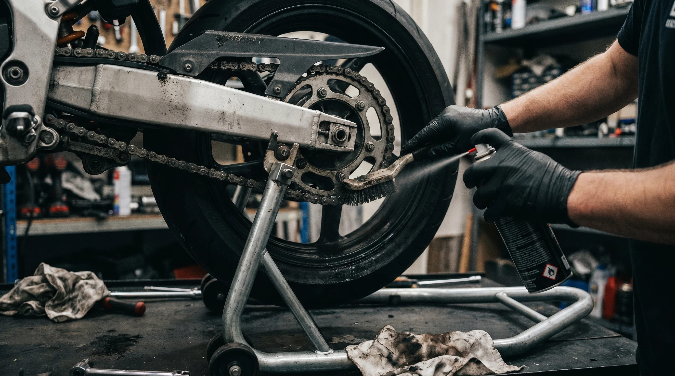 Czyszczenie łańcucha motocyklowego szczotką i preparatem chain cleaner z motocyklem na stojaku
