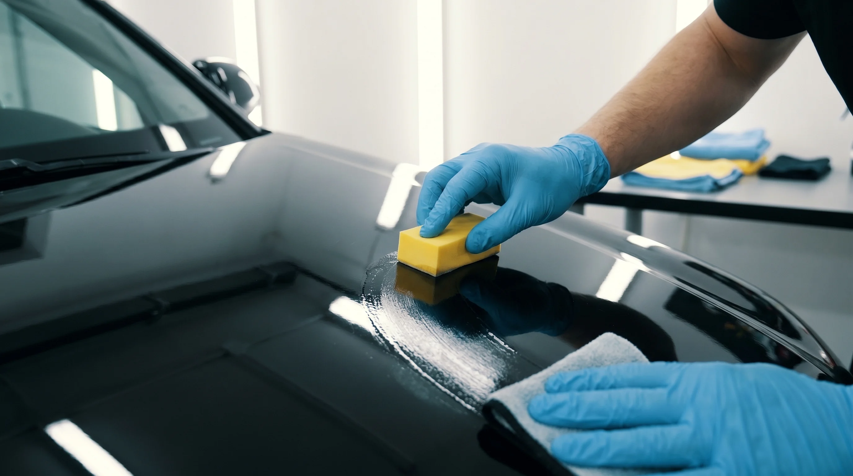 Detailer nakłada powłokę ceramiczną aplikatorem na czarny lakier samochodu