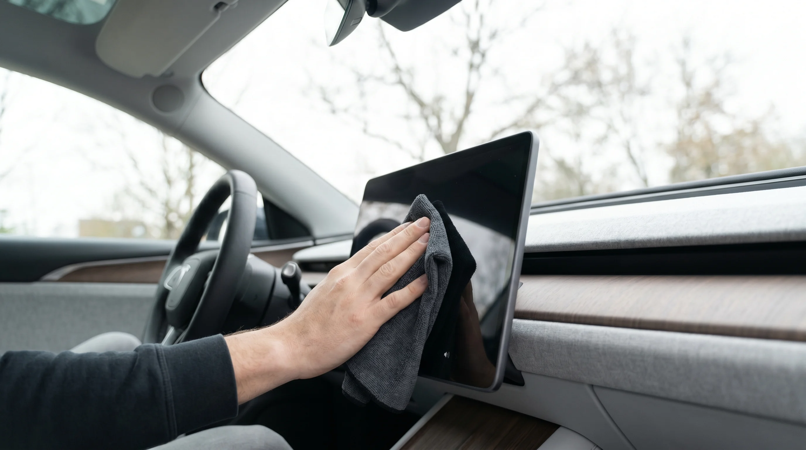 Czyszczenie dużego ekranu dotykowego w minimalistycznym wnętrzu auta elektrycznego ściereczką z mikrofibry