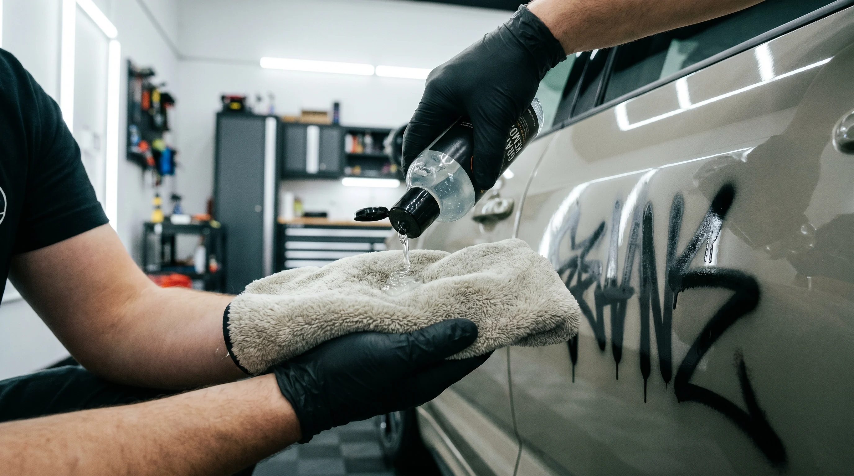 Detailer w rękawicach nakłada zmywacz do graffiti na mikrofibrę przy drzwiach samochodu z czarnym tagiem