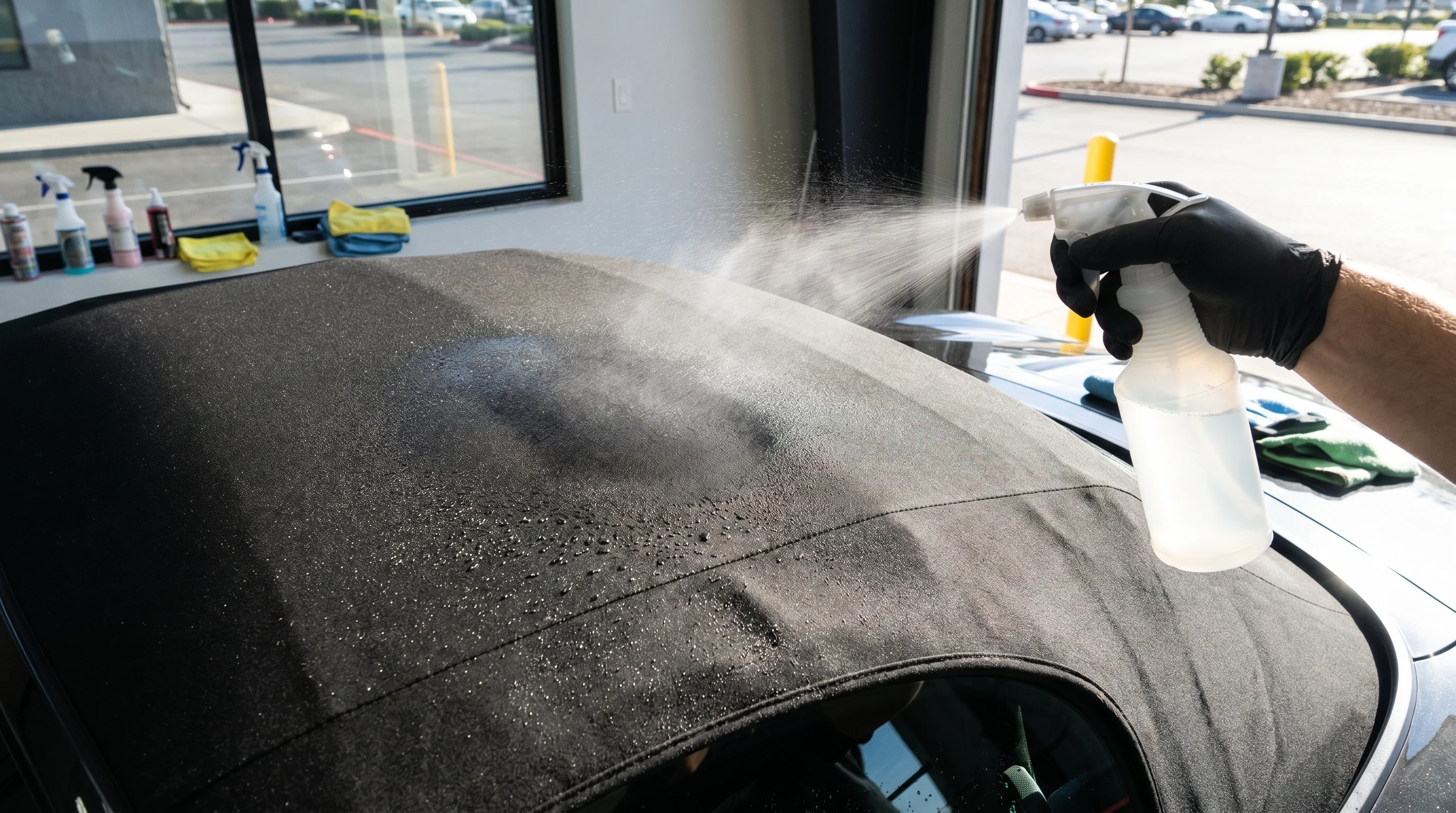 Aplikacja impregnatu hydrofobowego na wysuszony materiałowy dach kabrioletu