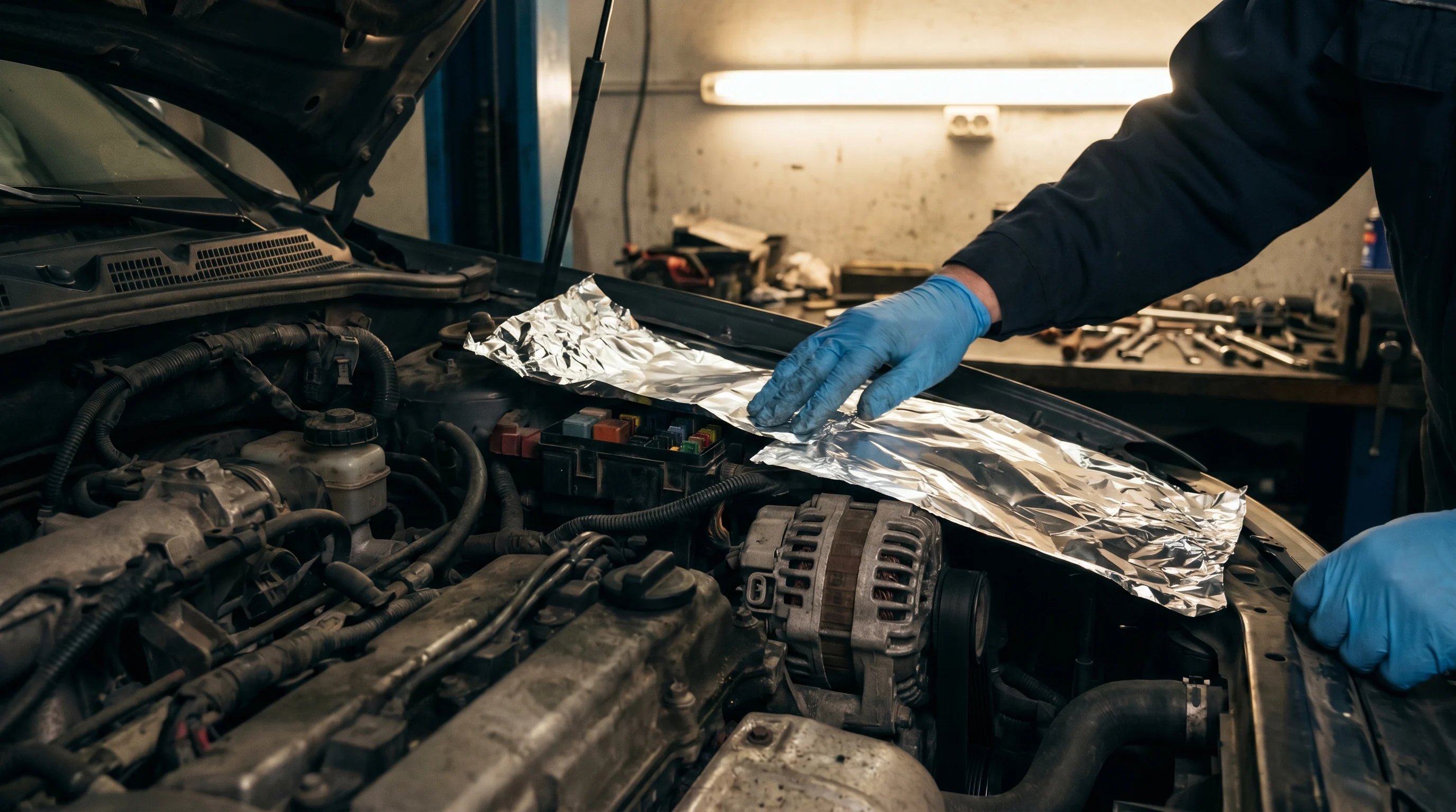 Alternator i skrzynka bezpieczników zabezpieczone folią aluminiową przed myciem komory silnika