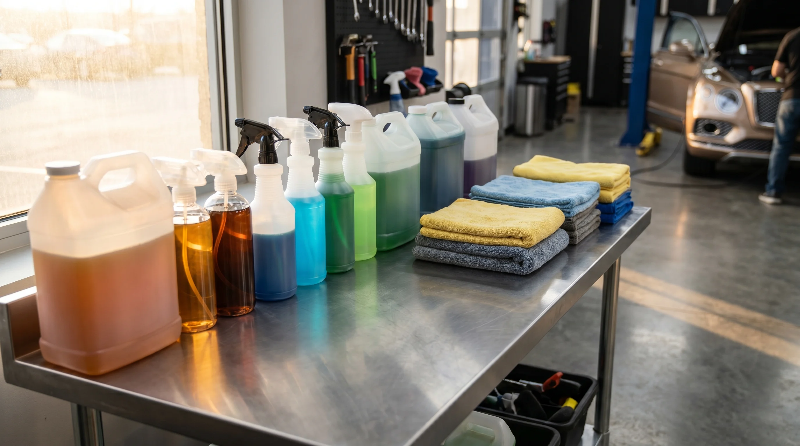Butelki chemii detailingowej Koch-Chemie, Gyeon i ADBL ustawione na warsztatowej półce