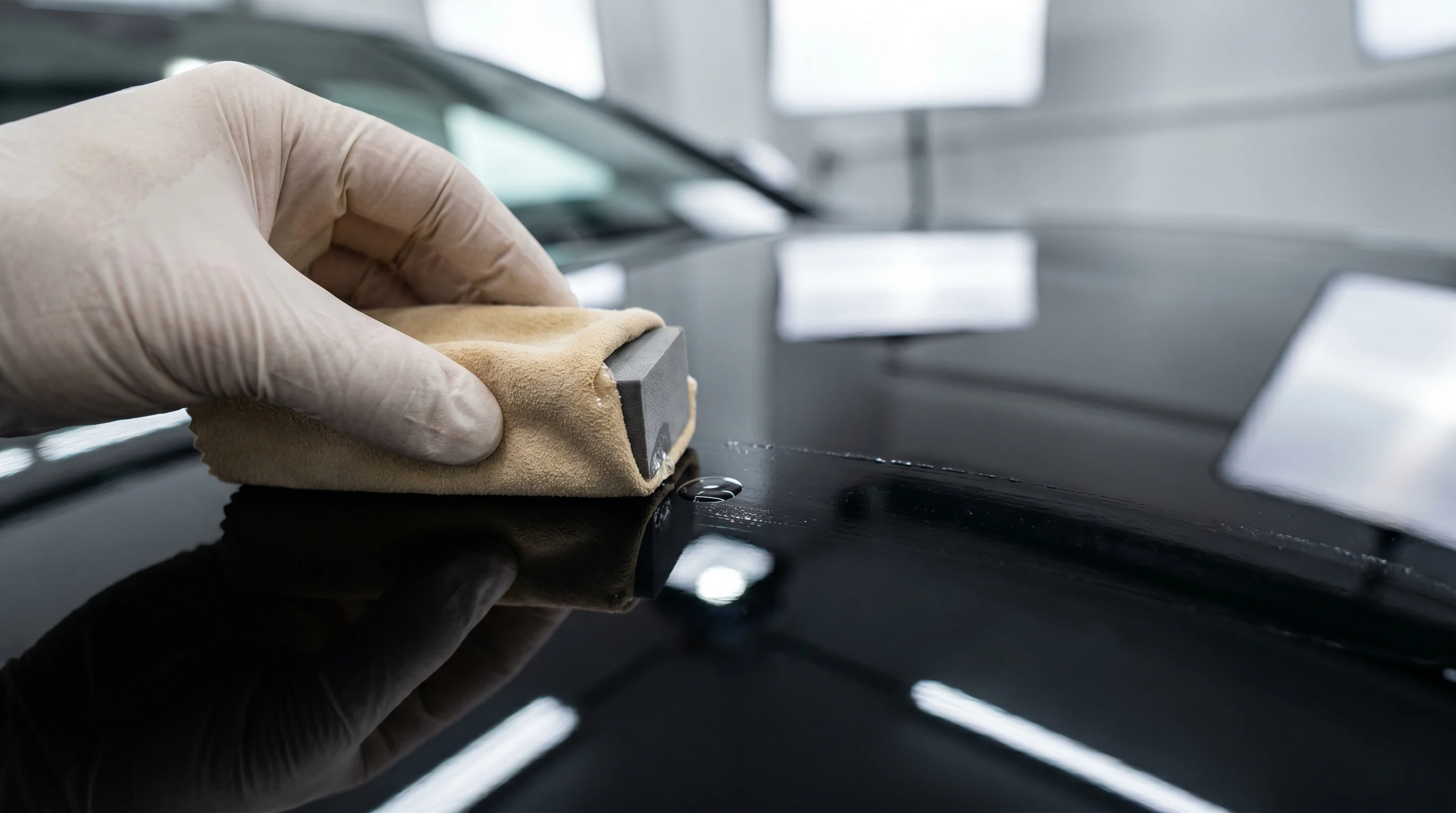 Aplikacja powłoki ceramicznej Gyeon na czarny lakier samochodowy aplikatorem