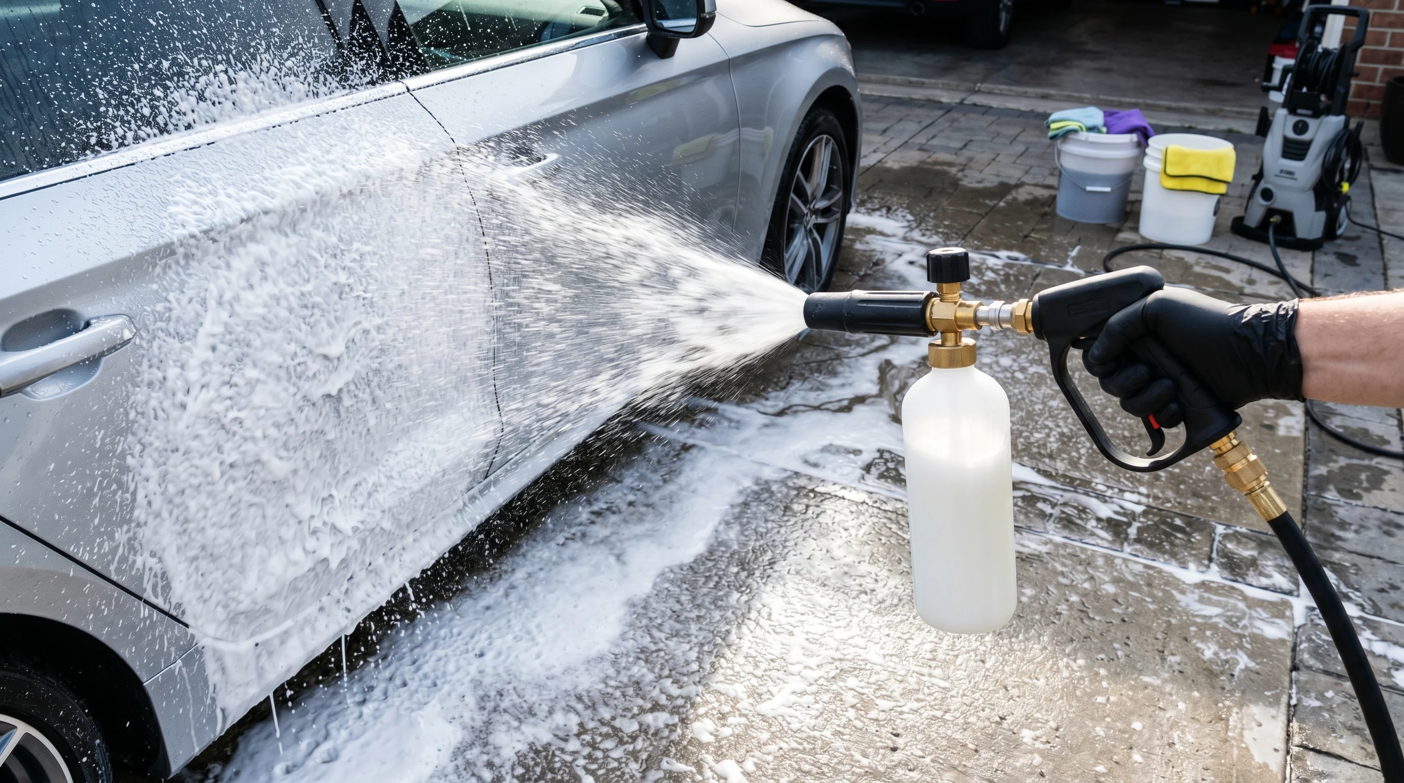 lanca do piany podłączona do myjki ciśnieniowej nakładająca snow foam