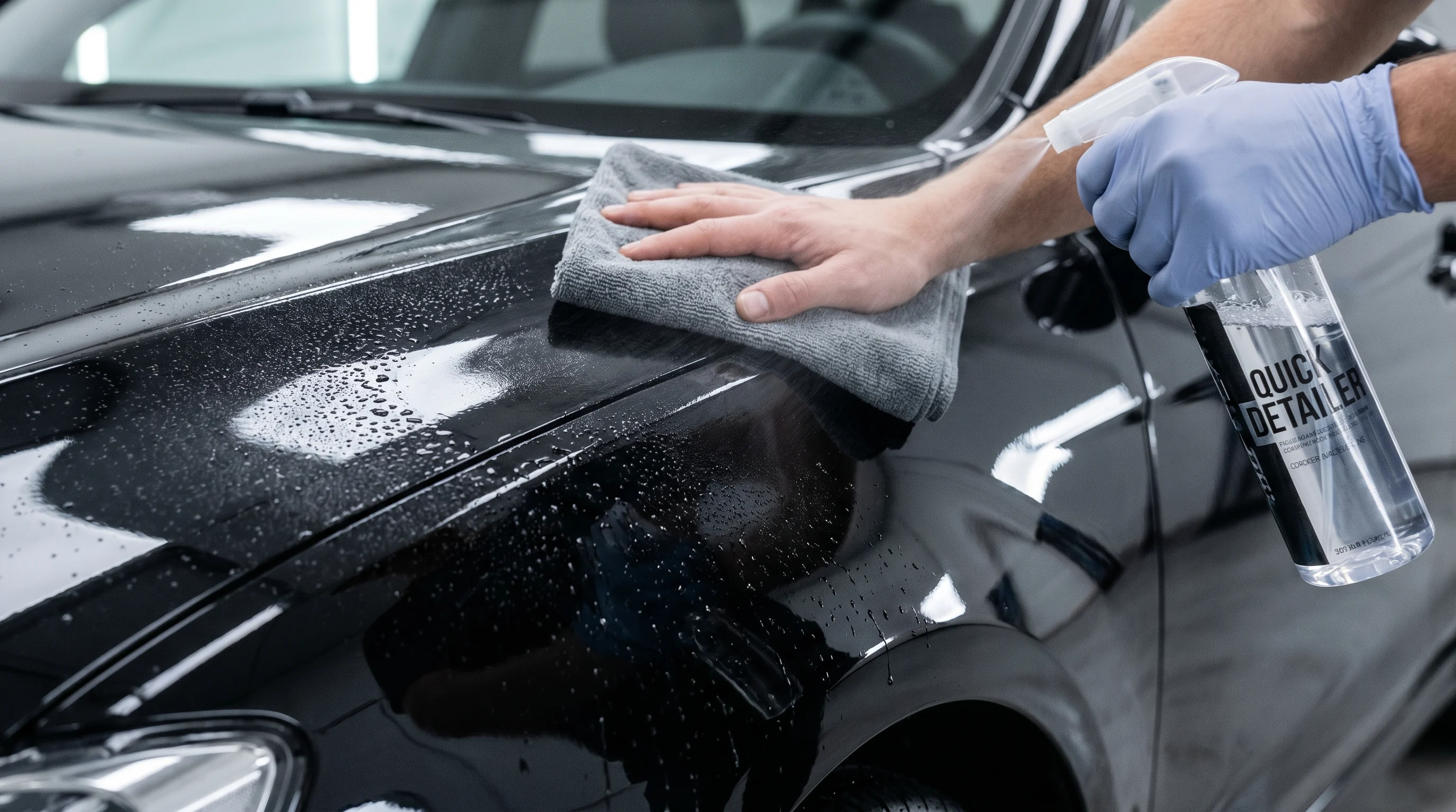 Aplikacja quick detailera na czarny lakier samochodu i przecieranie mikrofibrą