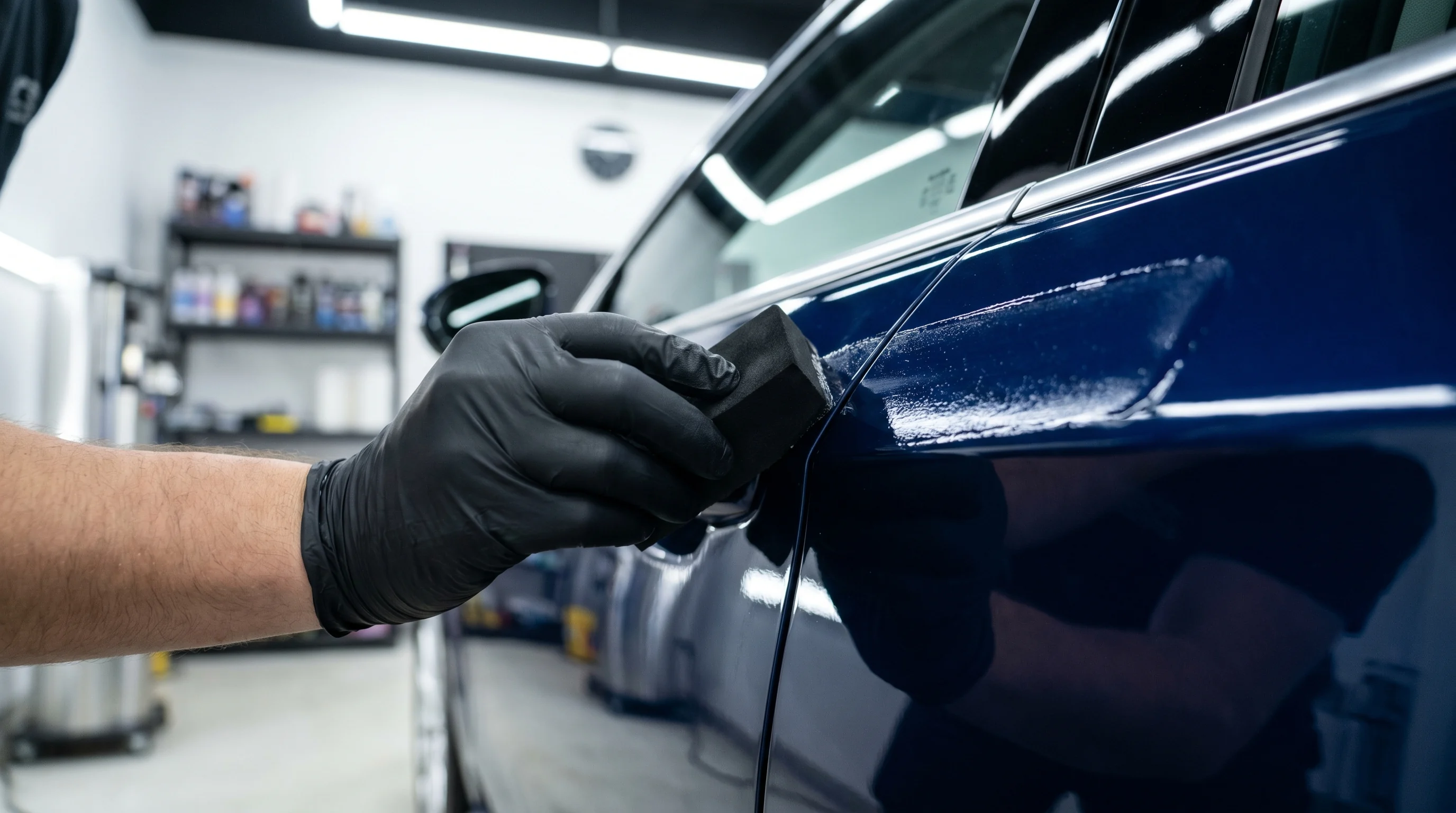 Detailer nakłada powłokę ceramiczną aplikatorem na panel lakieru samochodu